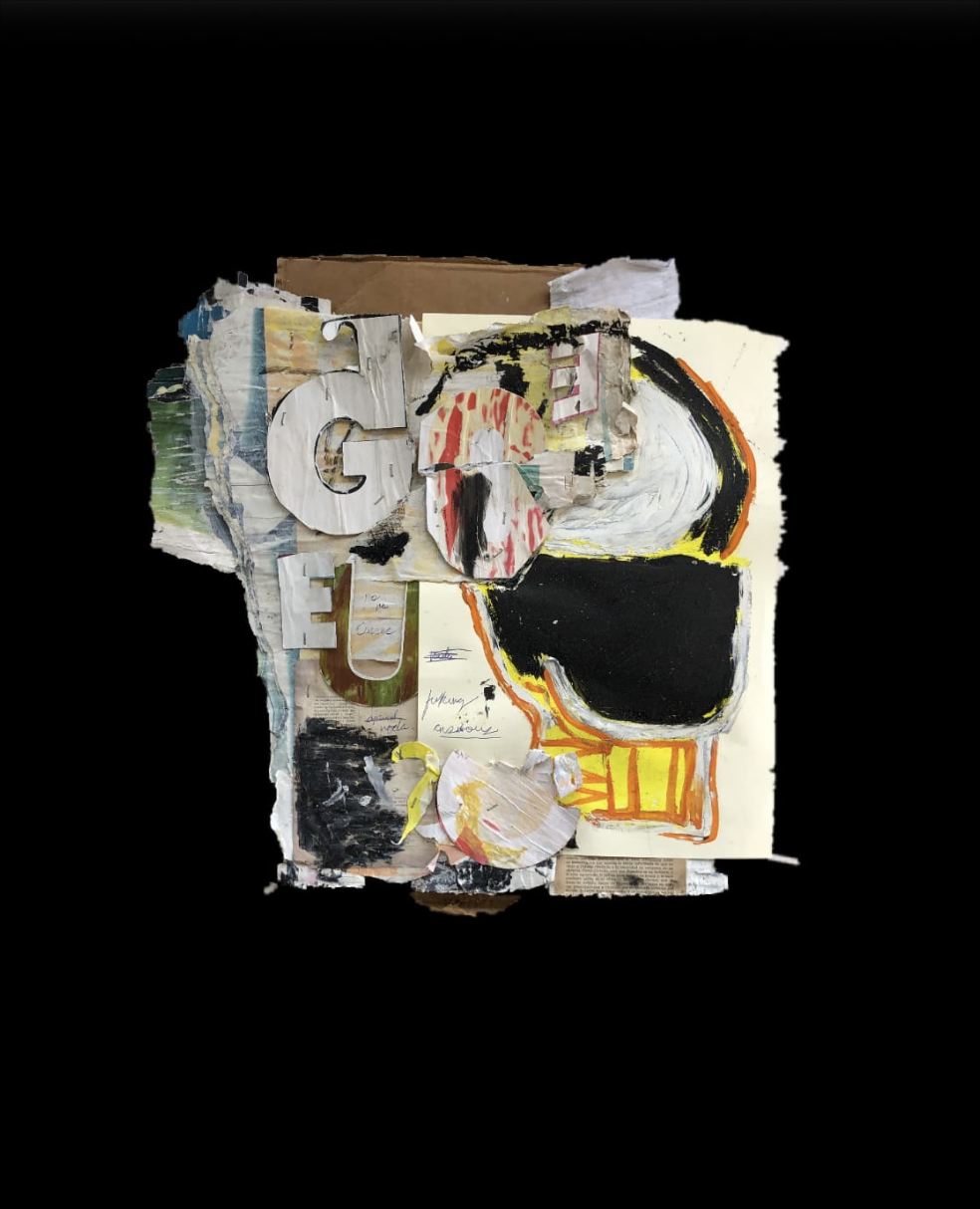 Artwork 002: layered typography, paper, black and white shapes with yellow and orange accents