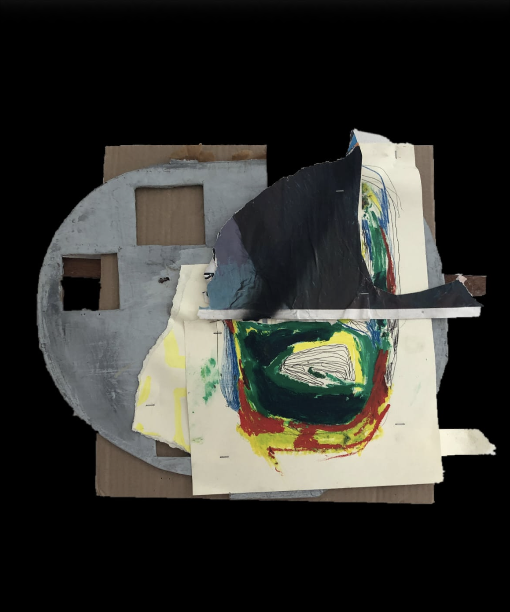 Artwork 003: circular gray form, angular black shape and a green and yellow abstract center